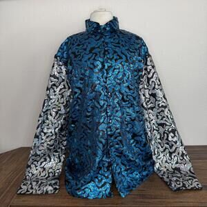 Sequined Blue and Silver Long Sleeve Button Up Shirt XL